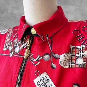 St Andrews Golf Print Women's Small Jacket Red/Tan Collared Vintage Scotland